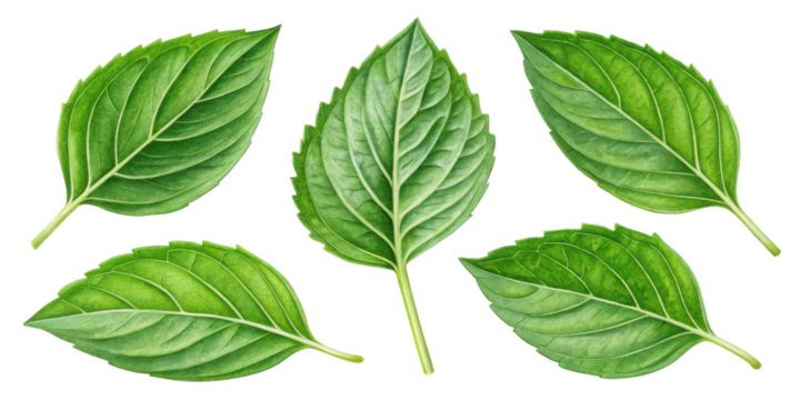Fresh thai basil leaf collection with vibrant green color and detailed texture perfect for culinary use and natural decoration