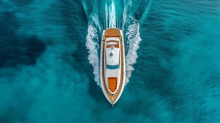 Aerial view of a luxury yacht speeding across turquoise ocean waters