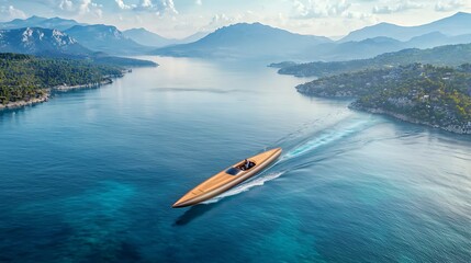 Wooden boat speeds across clear turquoise water near lush, green shores