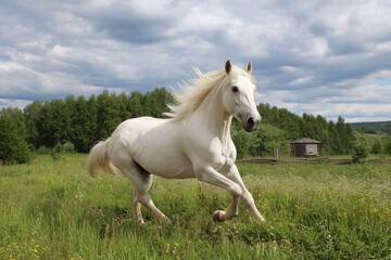 White Horse Running on the Grass with Blue Sky