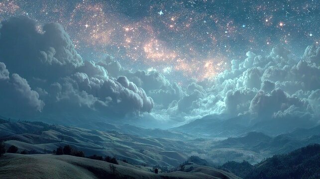 Dreamy night landscape with glowing stars above rolling hills and soft, luminous clouds drifting through the sky.