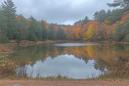 Serene autumn pond reflecting colorful foliage under a misty sky