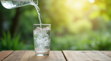 Photorealistic close-up of clear water being poured from a pitcher into a glass tumbler on a wooden table, with a blurred green outdoor background and bokeh.