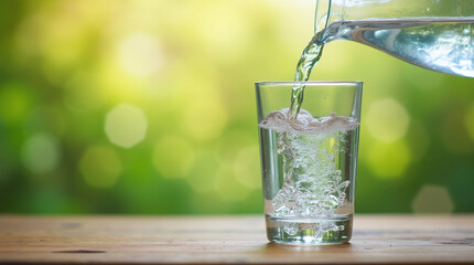Photorealistic close-up of clear water being poured from a pitcher into a glass tumbler on a wooden table, with a blurred green outdoor background and bokeh.