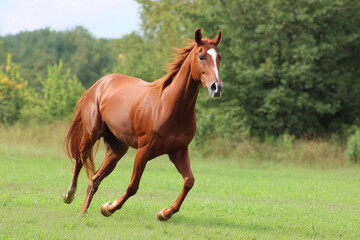 A horse galloping freely through a field