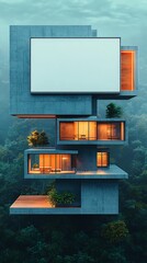 Futuristic architectural structure rising above lush green forest, lit from within