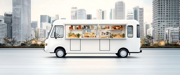 White food truck offering various dishes in city setting. Street food concept