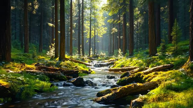 Sunlight streams through a tranquil forest with a babbling brook.