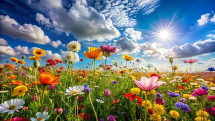 Obraz premium Vibrant wildflowers bathed in sunlight under a brilliant blue sky with fluffy white clouds, a picturesque scene of springtime beauty and natural splendor