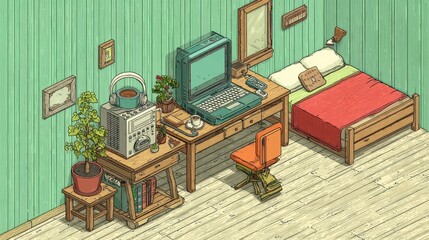 Fototapeta premium Isometric work from home scene with a laptop, desk, and cozy accessories like a plant and coffee cup, representing remote work productivity.