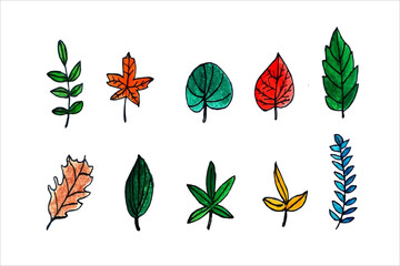 ILLUSTRATION OF LEAF SHAPES MADE WITH HAND SCRATCHES.