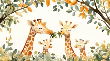 Happy giraffe family eating leaves surrounded by foliage.