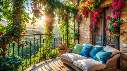 Obraz premium Serene Balcony Retreat Wicker Sofa, Blooming Vines, and a Breathtaking Sunset View