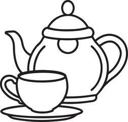 tea set line art, black outline, vector and illustration, coloring book page line art drawing