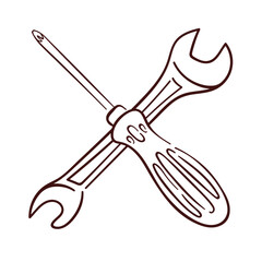 Line art style illustration of crossed screwdriver and wrench tool isolated on white background. Perfect for repair service, mechanic construction or maintenance concept.