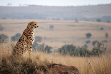 Naklejka premium A cheetah standing on a rock gazing over the plains