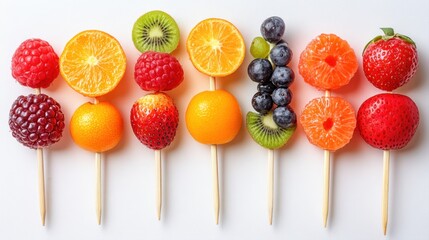Colorful Fruit Skewers Display with Fresh Berries, Citrus, and Kiwi on Wooden Sticks for Healthy Snacks
