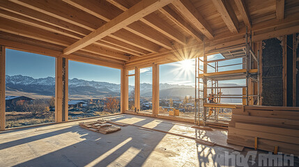 bright interior view of construction site with wooden beams and scaffolding, showcasing stunning