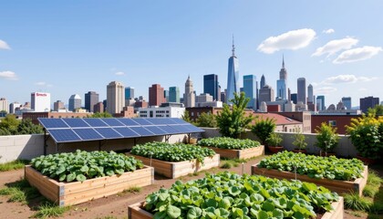 City skyline behind rooftop farm with solar panels lush vegetables growing in raised beds sustainable local food system and green city living