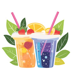 Refreshing fruit drinks with ice and straws