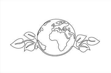 Single continuous one line art growing sprout. Plant leaves grow planet Earth seedling eco natural concept design sketch drawing vector illustration art