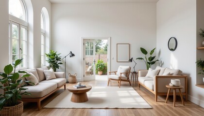 Bright living room with large indoor plants wooden furniture soft neutral tones and natural light streaming through open windows biophilic home and eco style