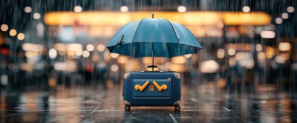Suitcase sheltered by blue umbrella in rain, city background