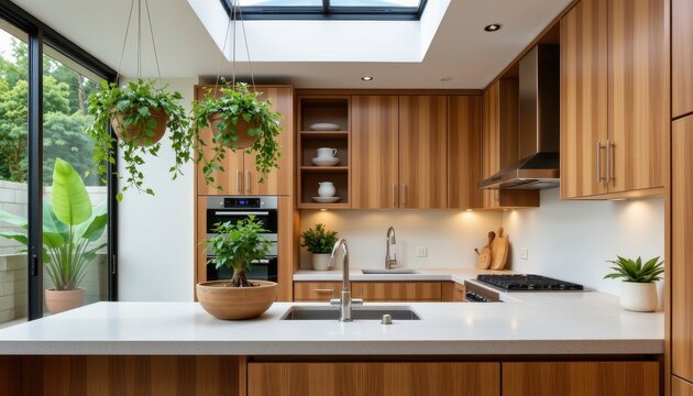 Modern kitchen with hanging planters wood cabinetry stone countertop and skylight natural material focus and green living concept