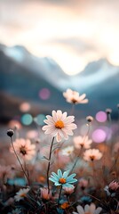 Daisies bloom in a serene field with mountains and bokeh lights in the background