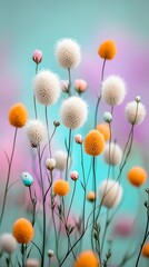 Fluffy white & orange orb flowers with buds against a dreamy backdrop