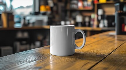 Blank white coffee mug on wooden table in cafe