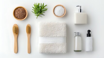 Top-down shot of spa-themed bathroom accessories. Clean, natural, minimalist aesthetic
