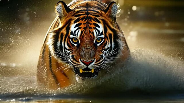 Tiger in action, powerful stance, splashing through the ground.