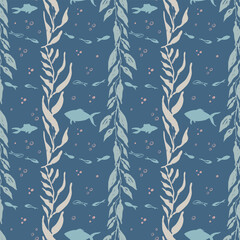 Stylish hand-drawn whimsical seamless pattern with seaweed and fish. Sea and ocean vacation vibes. Dark blue background © Artabelvi