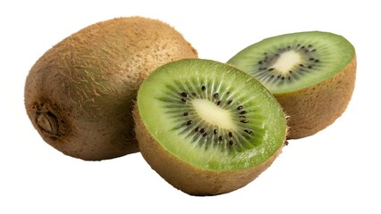 Obraz premium Juicy kiwi fruit showcasing vibrant green flesh and brown skin, ideal for food-related promotions.
