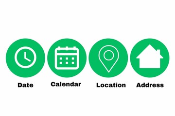 Clock, calendar, location. Time, date and address icon set.   green eco icons