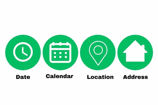 Clock, calendar, location. Time, date and address icon set.   green eco icons