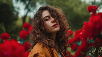 Naklejka premium Attractive woman with long curly hair standing in front of vibrant red flowers and green trees, dressed in a black top, gazing to the side, showing a charming outdoor scene.