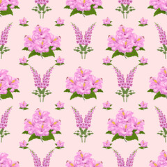 Seamless pattern of pink flowers with green leaves on a soft pastel background, creating a delicate and elegant floral design.