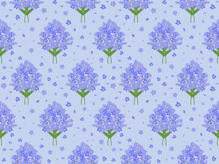 Seamless pattern featuring clusters of purple flowers with green stems on a light blue background.