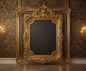 Intricate gold frames against luxurious damask floral backdrop ,  home decor,  gold leaf,  frame