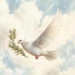Obraz premium Dove holding olive branch inspires hope, flying through soft, fluffy cloud