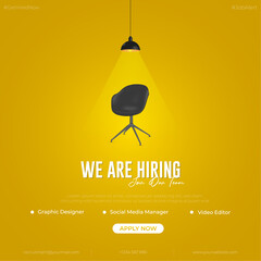 We are hiring and join our team social media post design. Hiring recruitment open vacancy. Hiring employee flyer template vector illustration