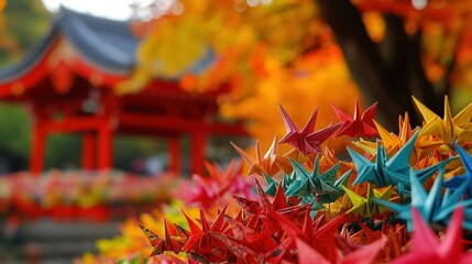 Colorful Origami Stars by Red Shrine Amidst Autumn Leaves