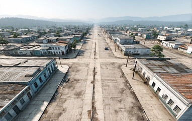urban street aerial view with long straight road lined by buildings under clear sky, blending architectural sketches and realistic city scenes, modern cityscape with planning construction and design e