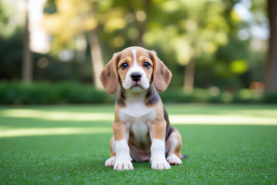small beagle puppy sitting on top of a green field