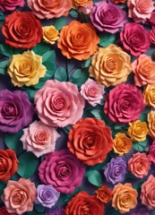 Obraz premium Multi-sized paper roses, colorful gradient, floral wall, design, blue