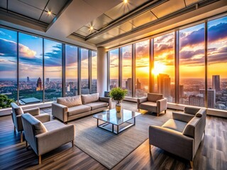 Fototapeta premium Modern Office Lounge, Sleek Furniture, City Skyline View - Panoramic Window Design