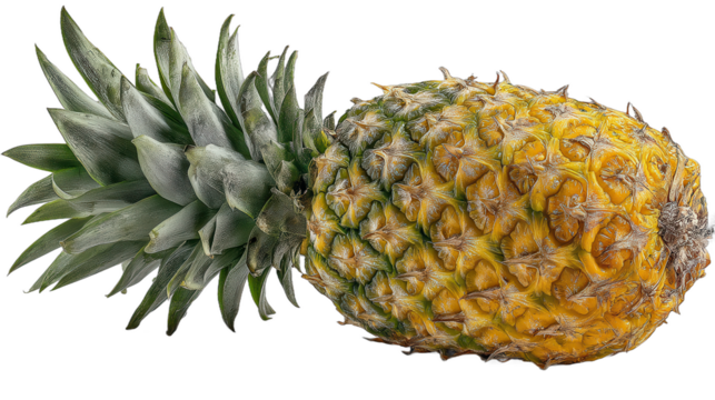A photorealistic cut out of a fresh pineapple, with detailed textures and sharp focus, isolated on a clean white background, perfect for tropical food imagery.