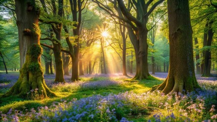 Fototapeta premium Golden Sunlight Illuminating a Serene Forest Floor Covered in Vibrant Spring Blossoms